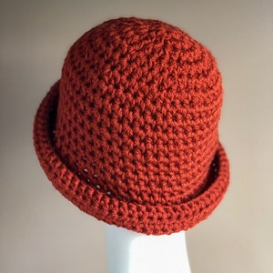 Rust Roll Brim Hat, Crochet Winter Hat in Bold Rust Color, Chunky and Warm Fits Ladies or Teens Average image 1