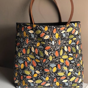 Autumn Leaves Tote Bag, Fall Leaves with Black Lining, Brown Leather Handles, Cotton Handbag, Market Tote, Black Purse, Ladies Handbag image 1
