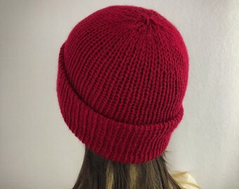 Cranberry Red Wool Knit Beanie Hat, Double Knit Hat, Festive Red Ladies Winter Hat, Wool Knit Brim