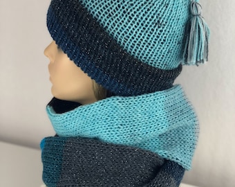 Blue Knit Hat and Scarf Set, Shades of Blue Sparkling Yarn, Blue Knit Infinity Scarf, Ladies Hat with Tassel Matching Hat and Scarf Gift Set