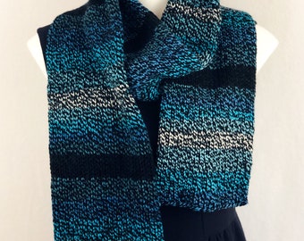 Écharpe double tricot noir et bleu Écharpe unisexe d’hiver chaude bleue, sarcelle, noir et blanc