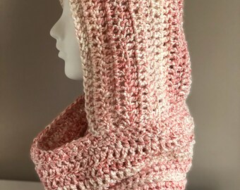 Crochet Hooded Scarf in Pink and White, Warm Hood with Attached Scarf, Unisex Scarf Pink Hooded Scarf