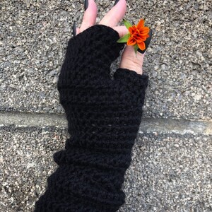 Long Black Fingerless Gloves, Crochet Fingerless Gloves or Arm Warmers Vegan Wrist Warmers for Her image 2