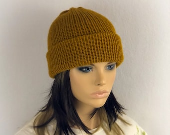 Golden Mustard Yellow Wool Knit Beanie Hat, Double Knit Hat, Gold Ladies Winter Hat, Wool Knit Brim