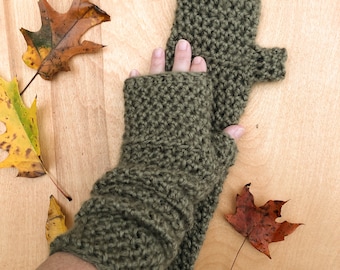 Long Fingerless Gloves in Soft Brushed Acrylic Khaki Green Crochet Arm Warmers