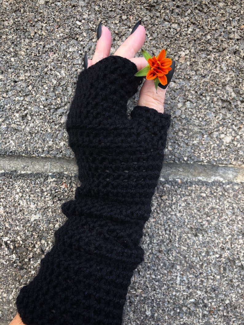 Long Black Fingerless Gloves, Crochet Fingerless Gloves or Arm Warmers Vegan Wrist Warmers for Her image 2