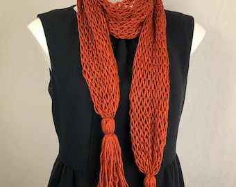 Light Weight Knit Scarf Terra Cotta Rust Drop Stitch Scarf with Tassels