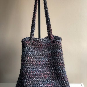 Extra Large Crochet Bucket Bag Tote Bag with Drawstring, Blackstone Cross Body Bag Black with Shades of Red and Gray, Oversized Project Tote image 3