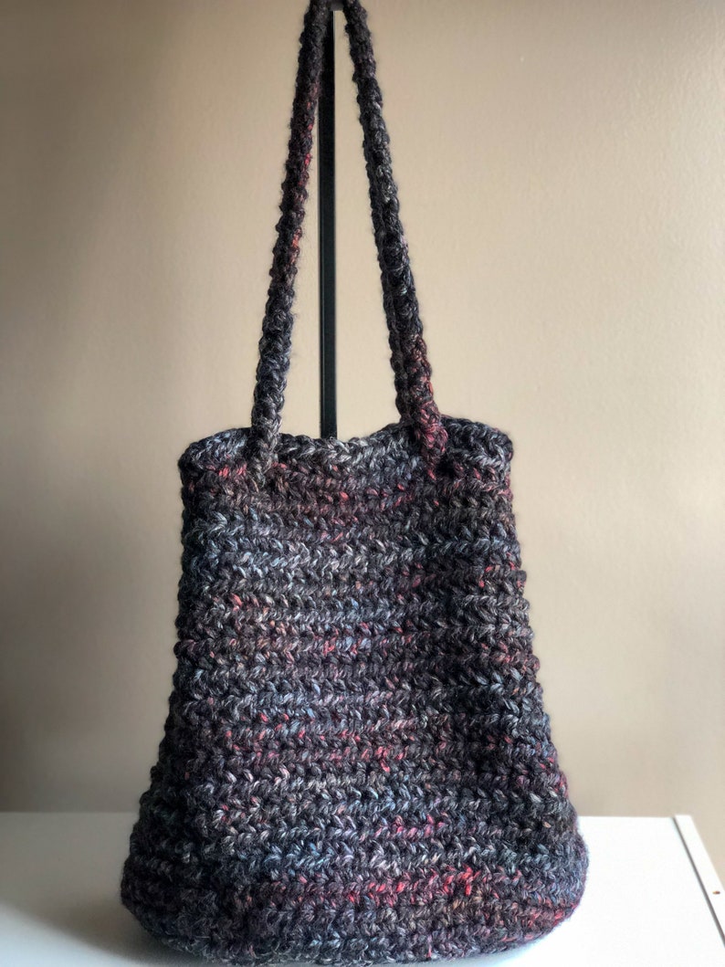 Extra Large Crochet Bucket Bag Tote Bag with Drawstring, Blackstone Cross Body Bag Black with Shades of Red and Gray, Oversized Project Tote image 3