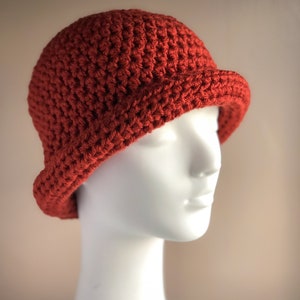 Rust Roll Brim Hat, Crochet Winter Hat in Bold Rust Color, Chunky and Warm Fits Ladies or Teens Average image 3