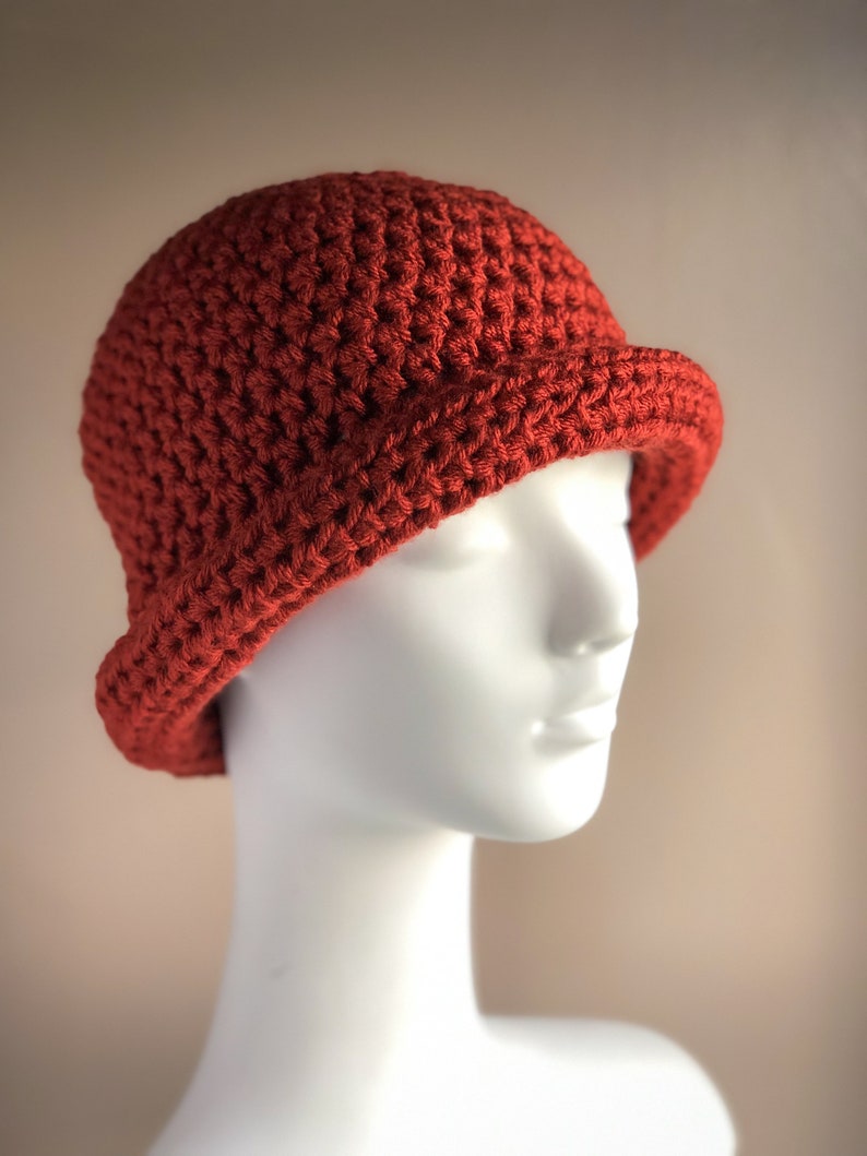 Rust Roll Brim Hat, Crochet Winter Hat in Bold Rust Color, Chunky and Warm Fits Ladies or Teens Average image 3