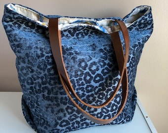 Blue Suede Tote Bag with Leather Handles, Soft Blue Leopard Print Velour, Blue Feather Print Cotton Lining, Ladies Purse Market Tote Handbag
