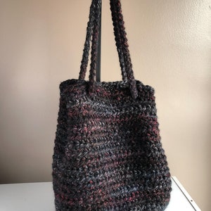 Extra Large Crochet Bucket Bag Tote Bag with Drawstring, Blackstone Cross Body Bag Black with Shades of Red and Gray, Oversized Project Tote image 9