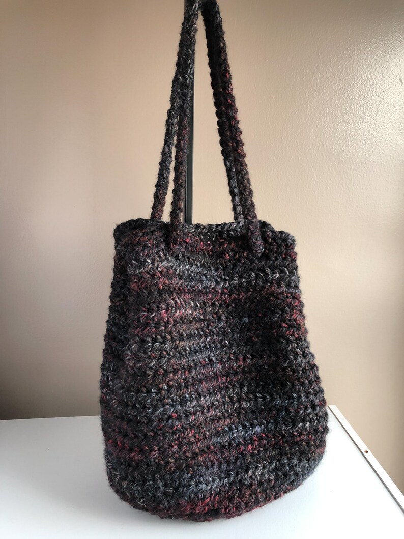 Extra Large Crochet Bucket Bag Tote Bag with Drawstring, Blackstone Cross Body Bag Black with Shades of Red and Gray, Oversized Project Tote image 9