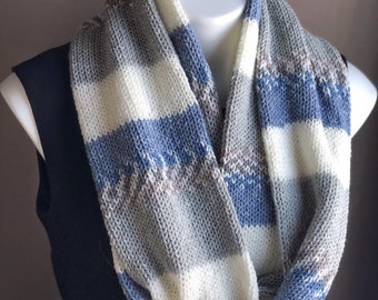 Blue Gray and White Knit Infinity Scarf, Long Knit Circle Scarf, Blue and White Knit Cowl Scarf, Unisex Scarf, Long Loop Scarf