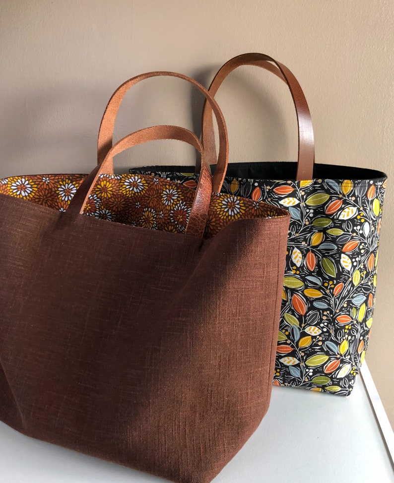 Autumn Leaves Tote Bag, Fall Leaves with Black Lining, Brown Leather Handles, Cotton Handbag, Market Tote, Black Purse, Ladies Handbag image 6