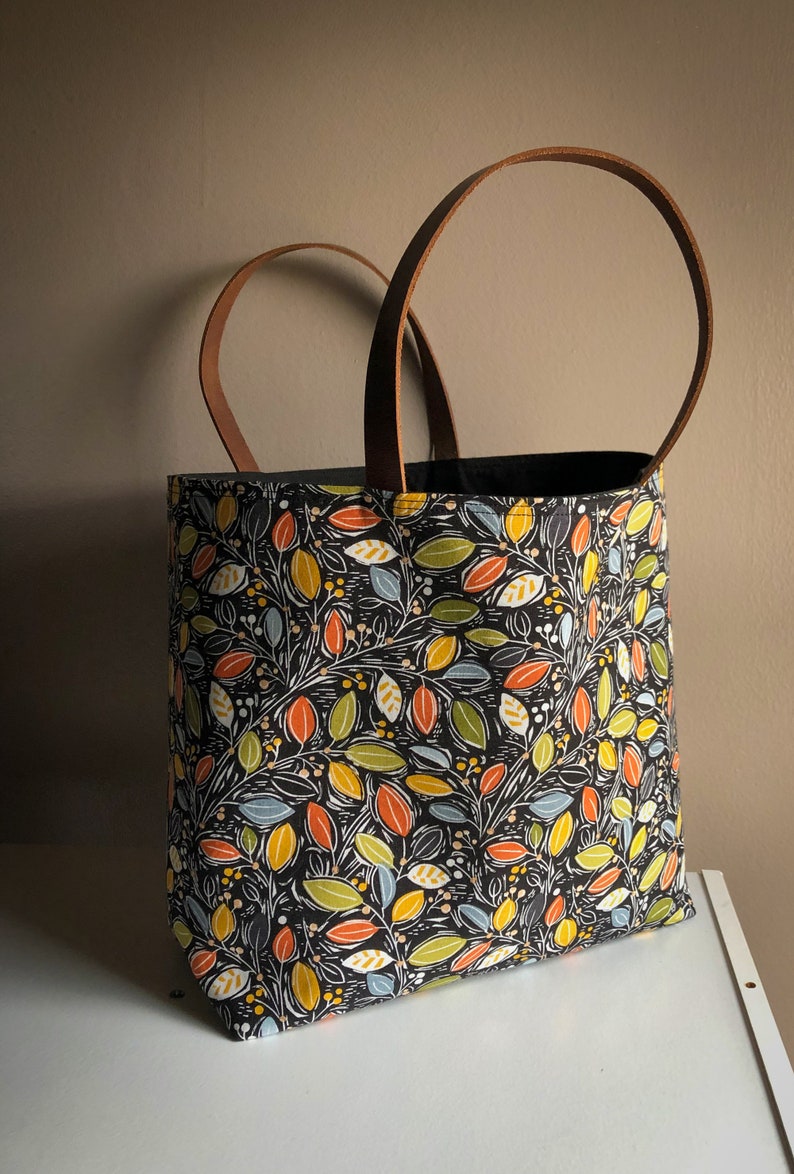 Autumn Leaves Tote Bag, Fall Leaves with Black Lining, Brown Leather Handles, Cotton Handbag, Market Tote, Black Purse, Ladies Handbag image 2