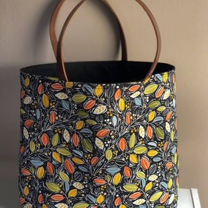 Autumn Leaves Tote Bag, Fall Leaves with Black Lining, Brown Leather Handles, Cotton Handbag, Market Tote, Black Purse, Ladies Handbag image 3