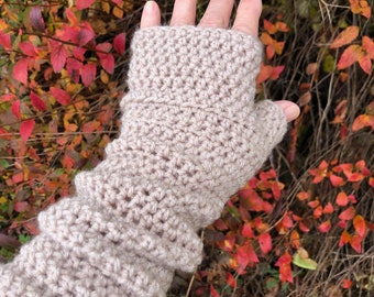 Long Fingerless Gloves in Soft Acrylic Beige Linen Crochet Arm Warmers