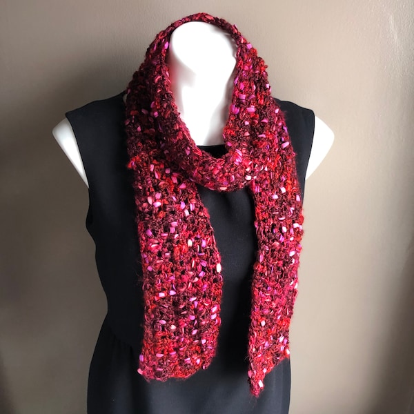 Red Scarf, Red Crochet Scarf in Silky Shades of Red with bits of Pink and Purple, Red and Pink Scarf