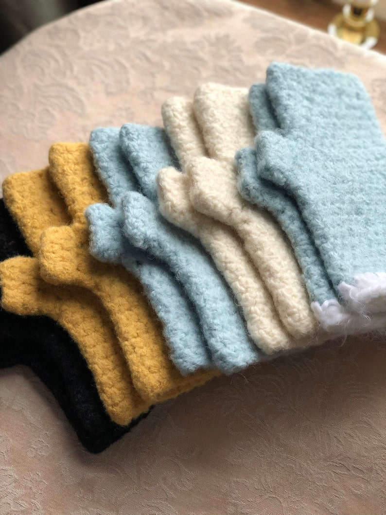 Felted Wool Fingerless Gloves Blue or Cream, Crochet Fingerless Mitts Hand Warmers, Felted Fingerless Mitts Felted Wool Gloves for Women image 6