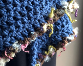 Blue Crochet Shawl, Super Chunky Wrap in Marine Blue Edged in Gorgeous Handspun Sparkling Specialty Yarn, One of A Kind Crochet Ladies Shawl