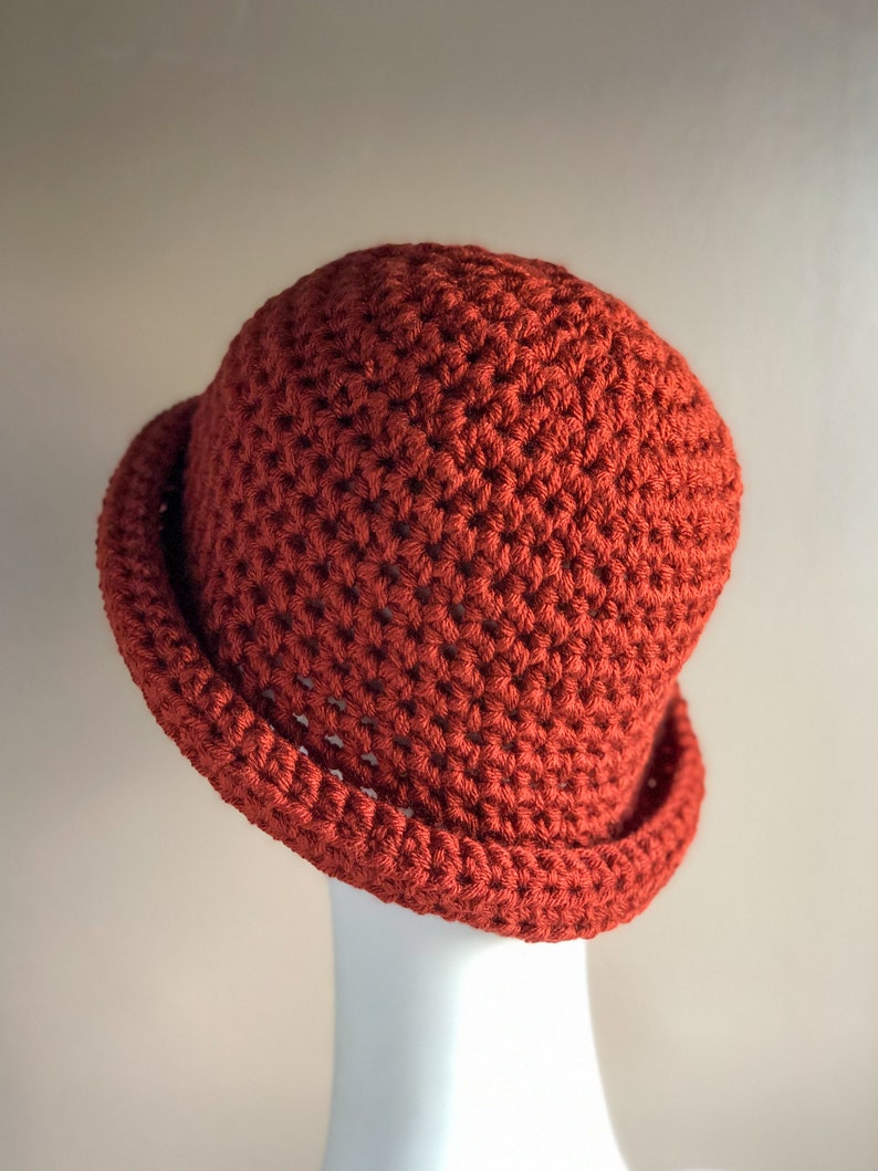 Rust Roll Brim Hat, Crochet Winter Hat in Bold Rust Color, Chunky and Warm Fits Ladies or Teens Average image 2