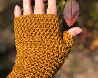 Gold Crochet Fingerless Gloves, Long Crochet Fingerless Gloves in Tobacco Gold, Crochet Wrist Warmers for Ladies or Teens Merino Wool