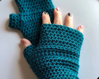 Teal Fingerless Gloves, Crochet Fingerless Gloves for Women or Teens, Crochet Wrist Warmers, Short Fingerless Gloves, Teal Green, Teal Blue