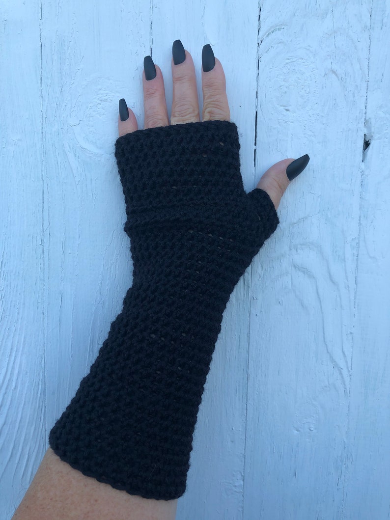 Long Black Fingerless Gloves, Crochet Fingerless Gloves or Arm Warmers Vegan Wrist Warmers for Her image 6