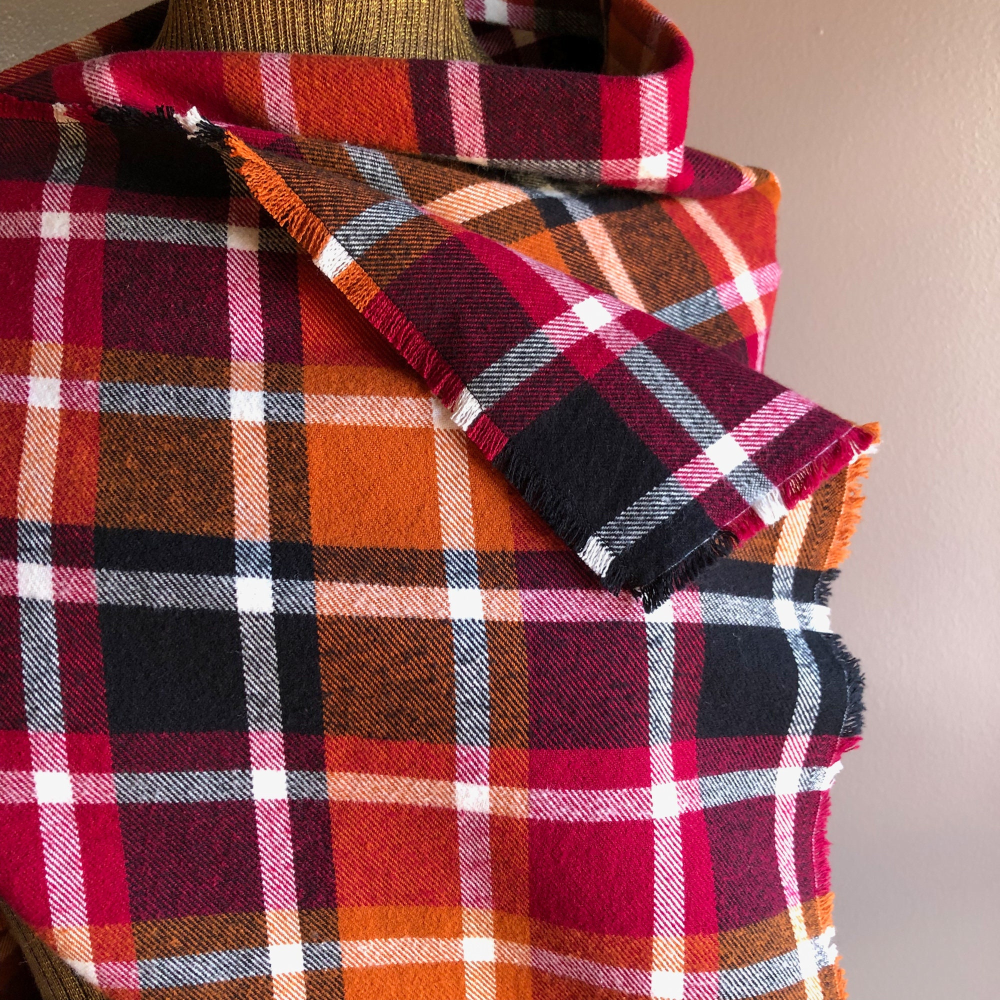 Rust and Burgundy Fall Plaid Button Wrap Shawl Scarf, Brushed Cotton Fabric Scarf With Button