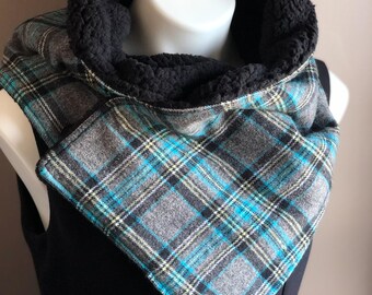 Teal Blue and Black Plaid with Black Fleece Button Scarf Cowl, Brushed Cotton Plaid Fabric Neck Warmer Cowl Unisex Scarf