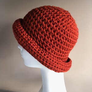 Rust Roll Brim Hat, Crochet Winter Hat in Bold Rust Color, Chunky and Warm Fits Ladies or Teens Average image 8