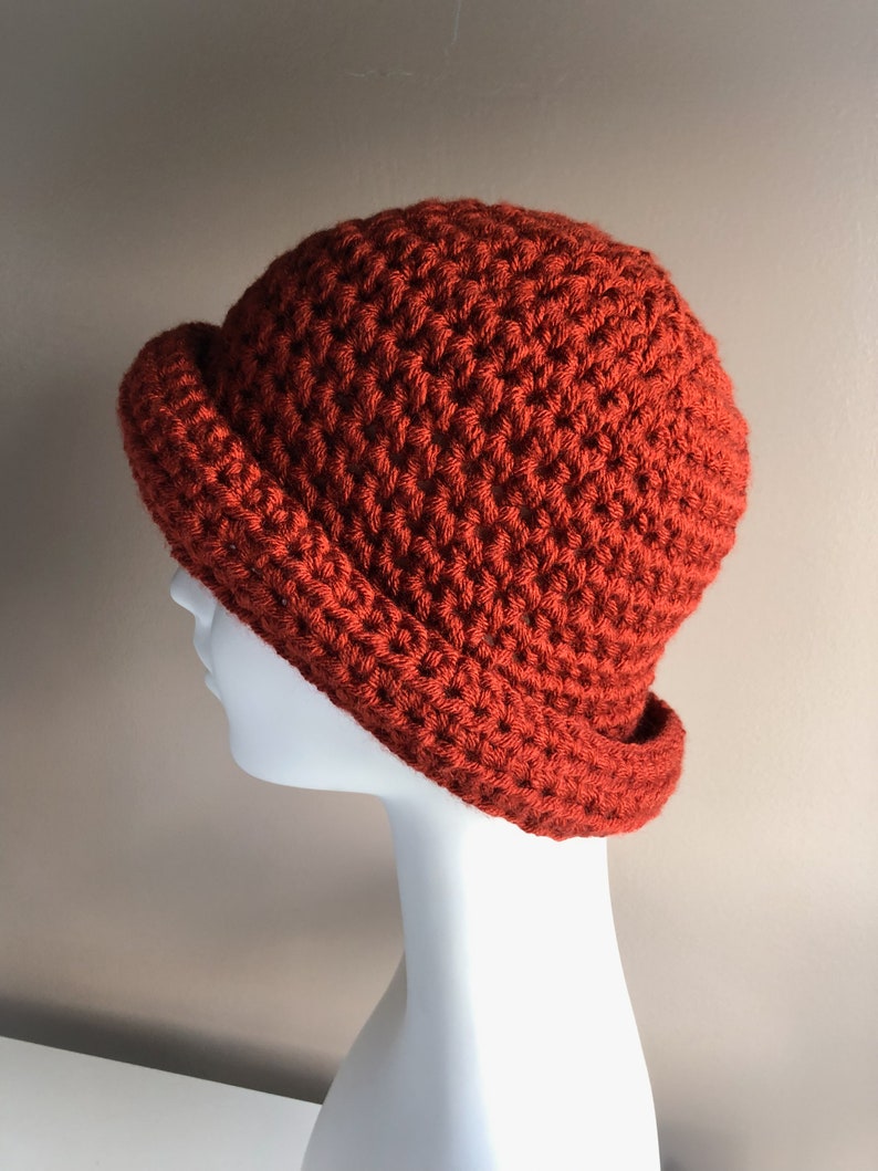 Rust Roll Brim Hat, Crochet Winter Hat in Bold Rust Color, Chunky and Warm Fits Ladies or Teens Average image 8