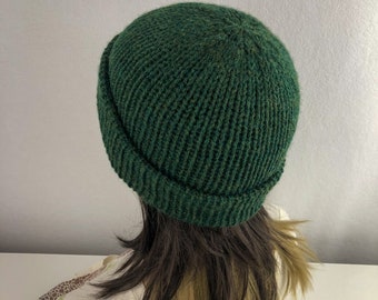 Moss Green Wool Knit Beanie Hat, Double Knit Hat, Green Ladies Winter Hat, Wool Knit Brim