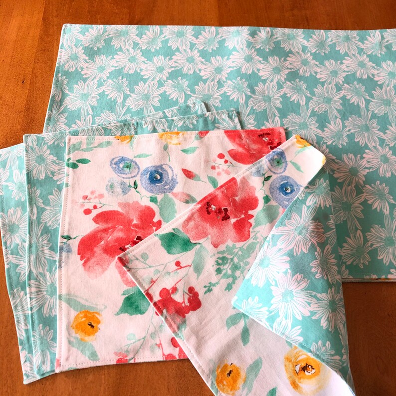 Set of Four Napkins and Placemats White Floral Reversible Etsy