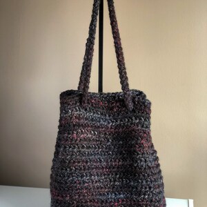 Extra Large Crochet Bucket Bag Tote Bag with Drawstring, Blackstone Cross Body Bag Black with Shades of Red and Gray, Oversized Project Tote image 8