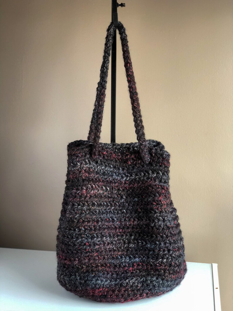Extra Large Crochet Bucket Bag Tote Bag with Drawstring, Blackstone Cross Body Bag Black with Shades of Red and Gray, Oversized Project Tote image 8
