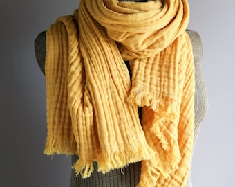 Yellow Gold Wide Fabric Scarf with Fringe, Double Cotton Gauze Scarf Wrap, Golden Shawl Unisex Wrap Scarf, Yellow Scarf