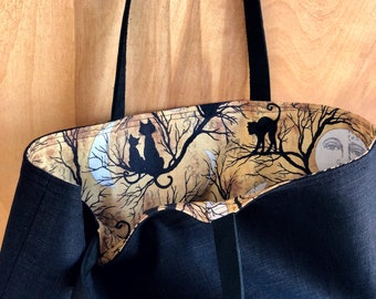 Black Linen Tote Bag with Leather Handles, Market Tote with Black Cats and Full Moon, Halloween Handbag Ladies Purse