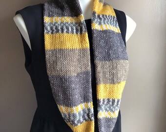 Gold and Taupe Gray Knit Infinity Scarf, Multicolor Circle Scarf, Gray Brown Mustard Yellow and White Knit Cowl Scarf, Unisex Scarf Cowl