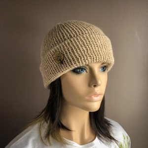 Knit Hat in Natural Alpaca, Double Knit Brim Hat, Soft Alpaca Knit Beanie, Ladies Hat, Folded Brim Hat Light Brown or Beige, Gifts for Her image 4