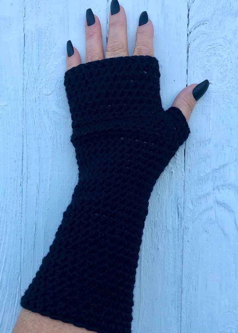 Long Black Fingerless Gloves, Crochet Fingerless Gloves or Arm Warmers Vegan Wrist Warmers for Her image 3