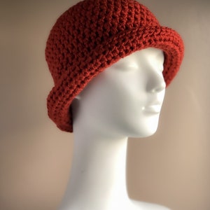 Rust Roll Brim Hat, Crochet Winter Hat in Bold Rust Color, Chunky and Warm Fits Ladies or Teens Average image 5