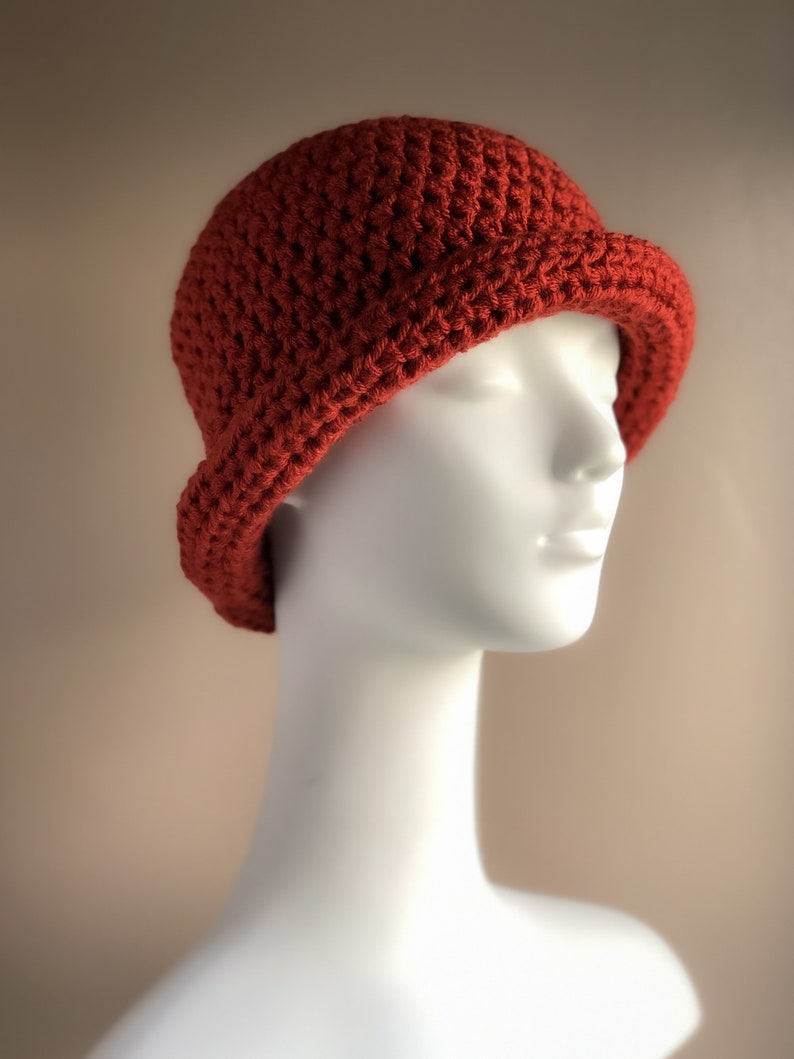 Rust Roll Brim Hat, Crochet Winter Hat in Bold Rust Color, Chunky and Warm Fits Ladies or Teens Average image 5