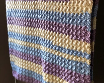 Crochet Baby Blanket in Stripes of Baby Blue, Cream and Purple, Soft Handmade Baby Blanket Throw, Ready to Ship