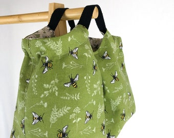 Cotton Canvas Tote Bag, Olive Green Canvas with Bees, Bee Print Lining with Black Handle OOAK Chubby Tote Bag, Ladies Satchel Style Hand Bag