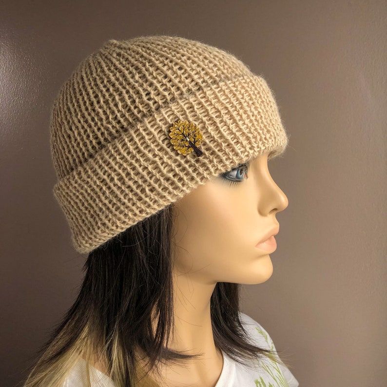 Knit Hat in Natural Alpaca, Double Knit Brim Hat, Soft Alpaca Knit Beanie, Ladies Hat, Folded Brim Hat Light Brown or Beige, Gifts for Her image 3