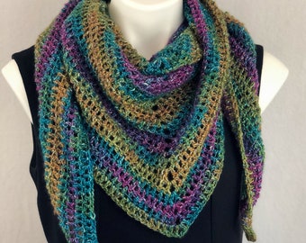 Serpent Shawl, Kerchief Style Scarf or Shawlette Crochet Triangle Scarf in Sparkling Blue Green Purple
