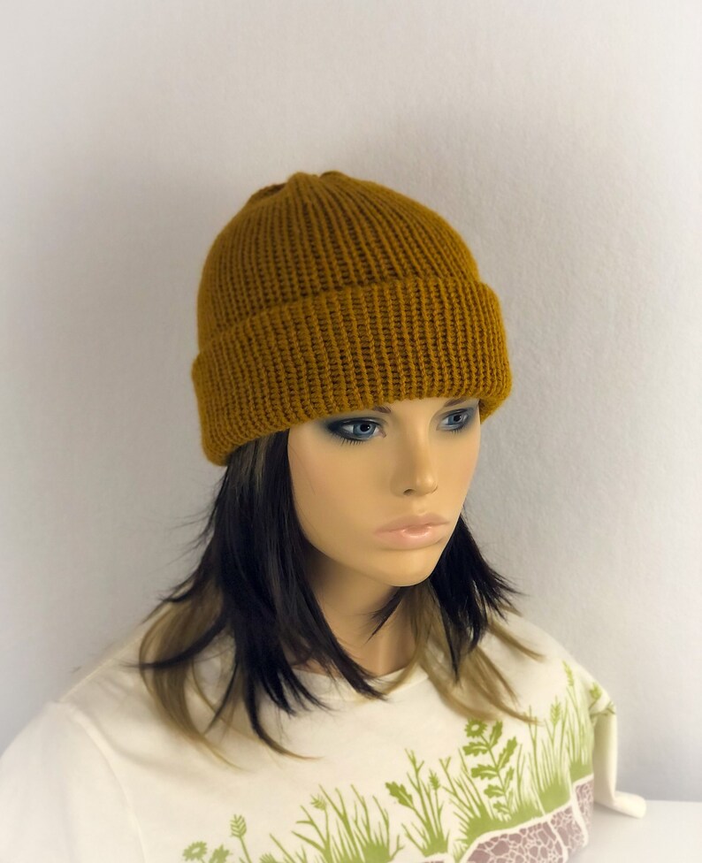 Cappello a cuffia lavorato a maglia in lana giallo senape dorato, cappello a doppia maglia, cappello invernale da donna dorato, bordo in maglia di lana immagine 1